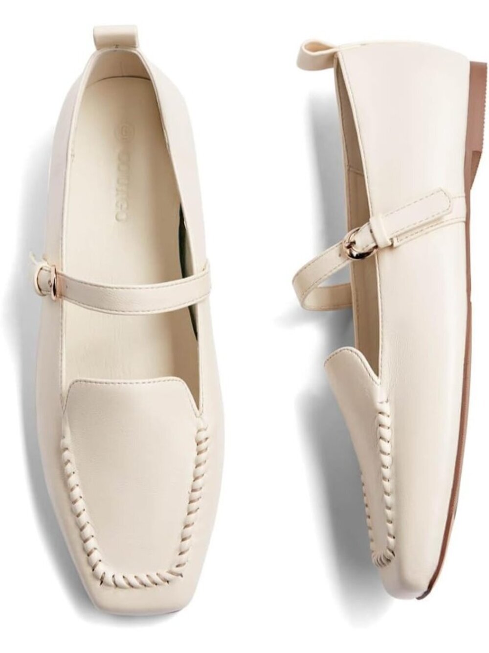Women's Cream Faux Leather Square Toe Comfortable Ballet Flats Shoes For Work